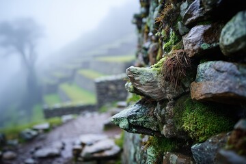 Ancient inca trail stone wall covered with moss on a foggy day. Trekking route to Machu Picchu with historical landscape behind.