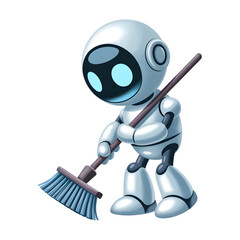 3d illustration of cute robot character cleaning with a broom, isolated on white background