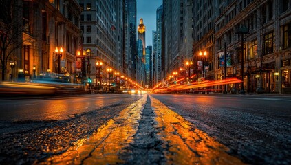 Obraz premium Urban street at twilight, city lights, traffic trails, wet pavement