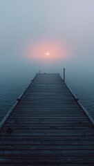 Obraz premium Minimalist anime weathered dock stretching into misty ocean horizon at dawn