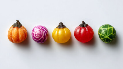 A row of five brightly colored candies, including pumpkin shapes and swirled designs, on a white background