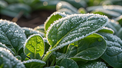 Morning Dew on Spinach: A close-up view showcases the intricate beauty of spinach leaves, adorned with delicate dewdrops, bathed in soft morning light, depicting nature's intricate beauty.