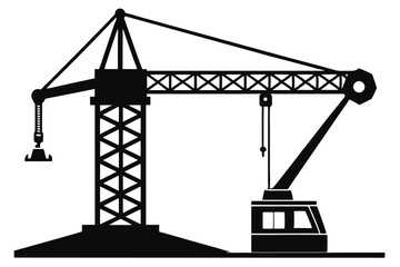 Silhouette of a Black Crane with Cables, Lattice Tower, and Operator Cabin
