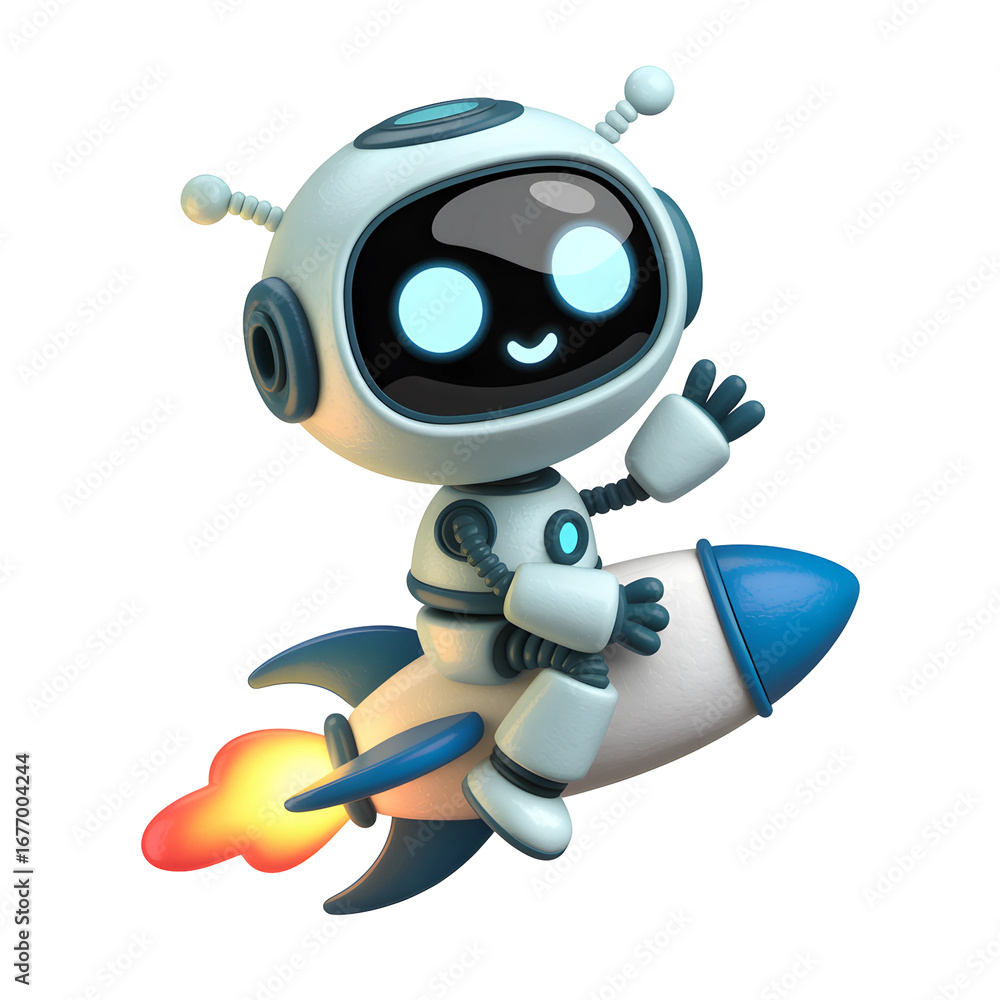 Poster 3d illustration of happy robot character riding a rocket through space isolated on white background