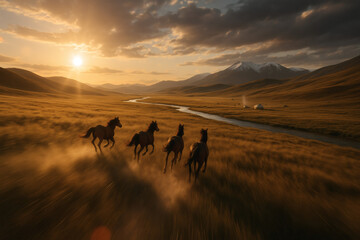 Drone aerial view of Mongolian valley at golden hour, winding river reflecting sunlight between vast mountain ranges.