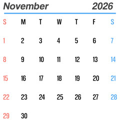 2026 calender-November, with Dates and Holidays