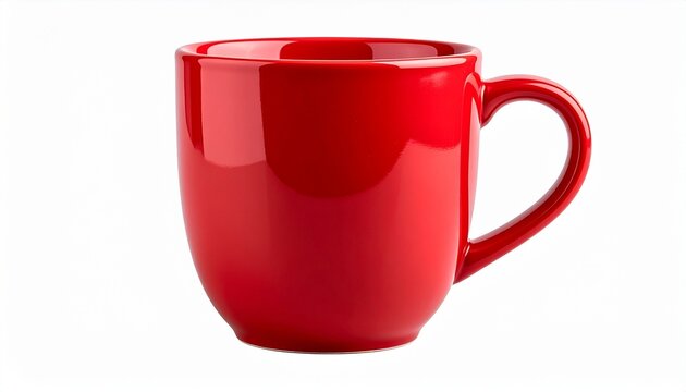 Glossy red ceramic mug with curved handle on white background, minimalist design highlighting vibrant color and smooth finish - Powered by Adobe