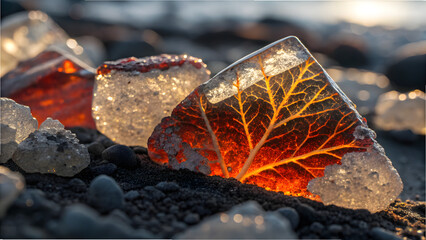 Luminous leaf: A unique perspective unveils the exquisite beauty of a leaf encased in ice and illuminated from within, capturing the intricate details and creating a mesmerizing display. 