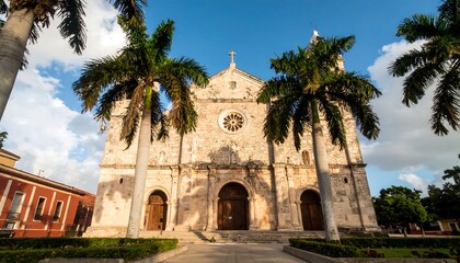 Colonial architecture, cathedral, palm trees