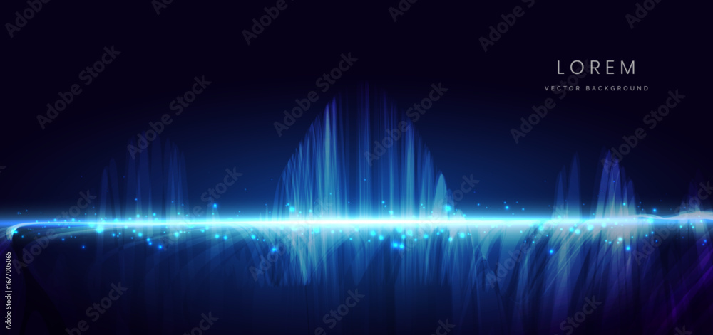 Poster futuristic elegant blue wave lines on dark background with lighting effect and sparkle.