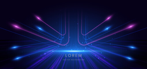 Blue and purple curved ray on dark blue background with lighting effect and sparkle.