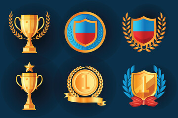 Collection of Gold Trophies and Medals with Laurel Wreaths on Dark Background for Achievement and Award Concepts