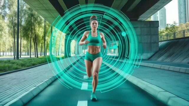 Futuristic Female Athlete Running with Digital Interface in Urban Environment