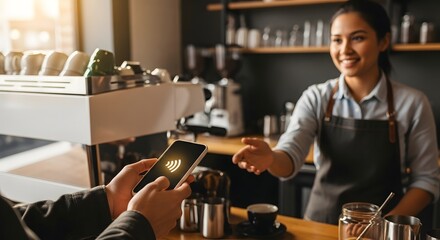 Mobile Payment with Smartphone at Coffee Shop Counter