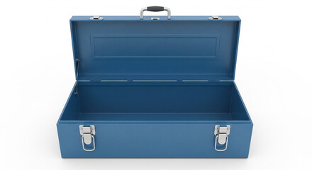 Open empty blue metal toolbox storage container on isolated transparent background