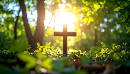 Cross in lush forest, sunlight
