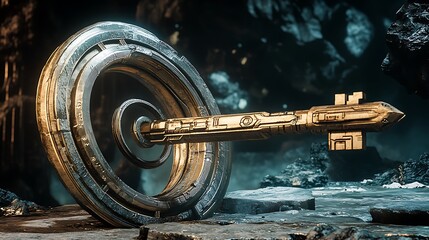 Timeworn tech key relic with celestial rings and rotating magnetic glyphs