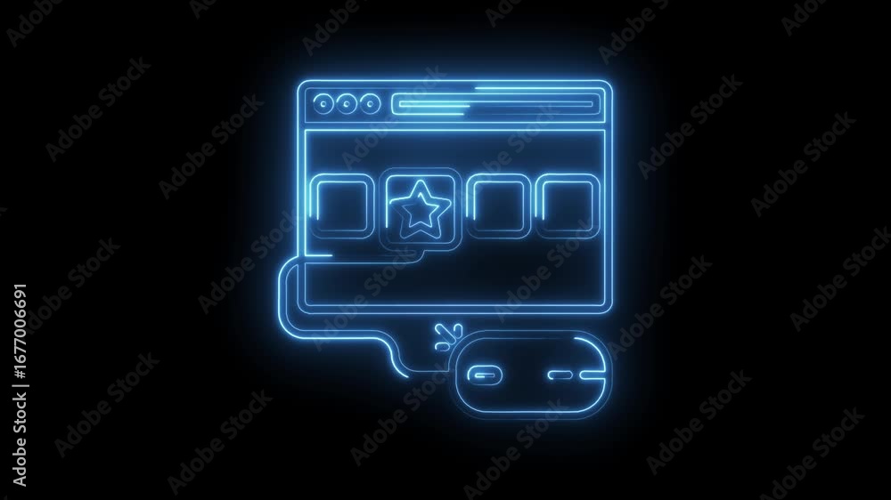 Aufkleber website review neon glow animation with computer mouse on black background online rating