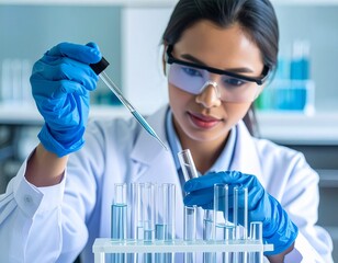 Female scientist conducting precise chemical analysis in a modern research laboratory