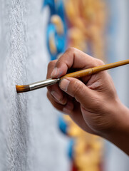  close-up of a hand holding a paintbrush, poised to apply paint to a textured surface, highlighting the artistry and skill involved in painting.