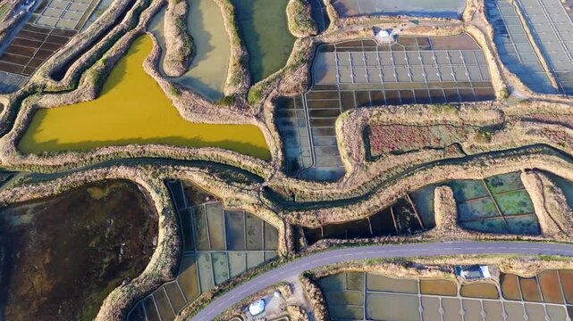 Aerial view of the salt fields of Guerande France at sunset