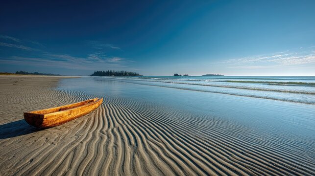 A wooden canoe rests on a beach, rippled sand leading to a tranquil ocean