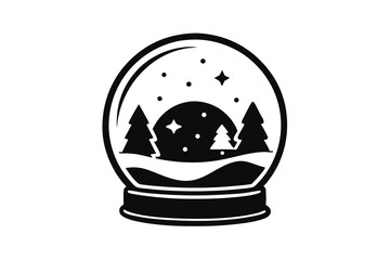 Black and White Snow Globe with Trees, Snow, and Stars Illustration