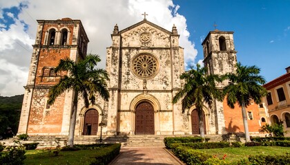 Colonial-style cathedral with palm trees