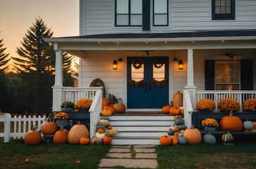Obraz premium Cozy Autumn Farmhouse Porch with Pumpkins, Lantern, and Wreath at Golden Hour