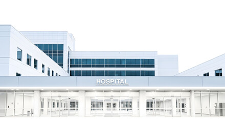 Facade and main entrance of a modern, sterile hospital building representing the future of healthcare and medical services