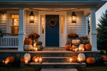Obraz premium Cozy Autumn Farmhouse Porch with Pumpkins, Lantern, and Wreath at Golden Hour