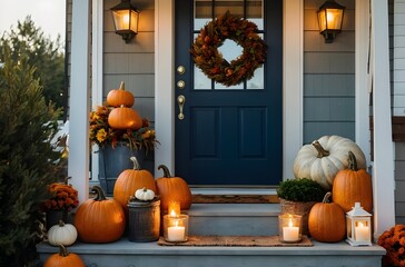 Cozy Autumn Farmhouse Porch with Pumpkins, Lantern, and Wreath at Golden Hour