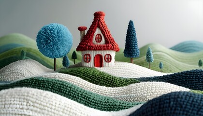 Charming knitted cottage nestled in whimsical yarn landscape with playful trees