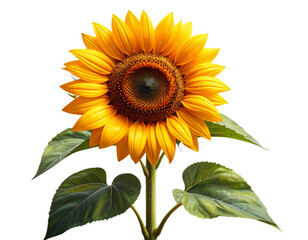 Fototapeta premium Sunflower with Green Stem and Leaves, isolated on a transparent background PNG