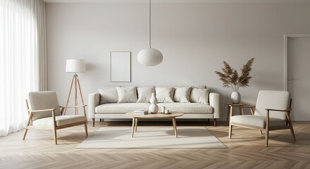 Minimalist living room interior with clean white walls, warm wooden flooring, soft neutral decor, and mid-century modern furniture under natural daylight 