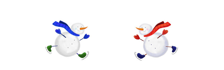 Two snowmen with ice skates on white background. Illustration of cute winter holidays concept