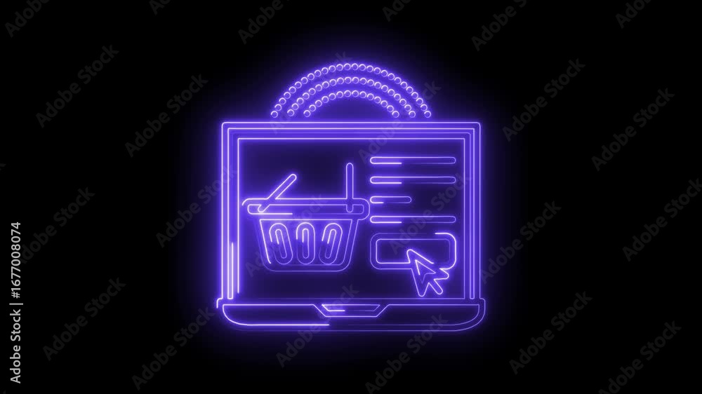 Poster Neon online shopping interface on laptop screen with mouse cursor click animation