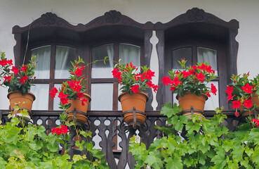 Wooden balcony anr red flowers