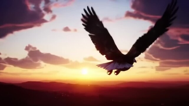 Majestic eagle soaring against a vibrant sunset over rolling hills and distant mountains