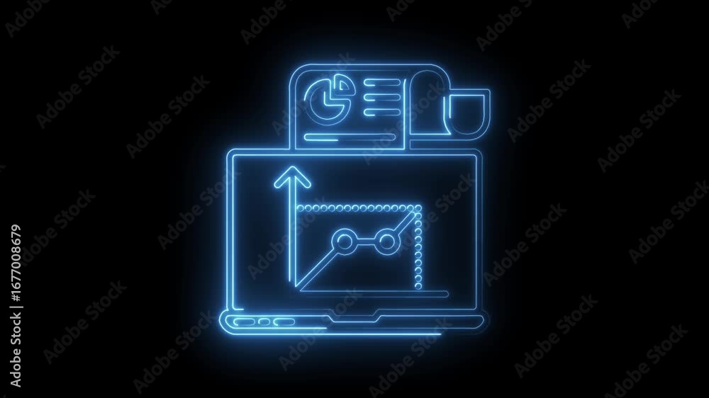 Aufkleber glowing neon laptop displaying financial data report with charts and graph on black