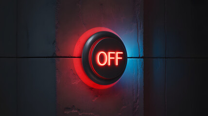 Illuminated off switch glows red and blue, ready to shut down operations