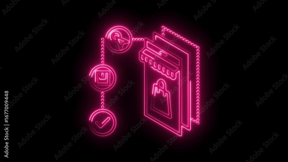 Aufkleber neon style online shopping process with storefront bag click and checkmark animated