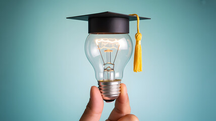 Innovative graduation concept with glowing lightbulb and graduation cap