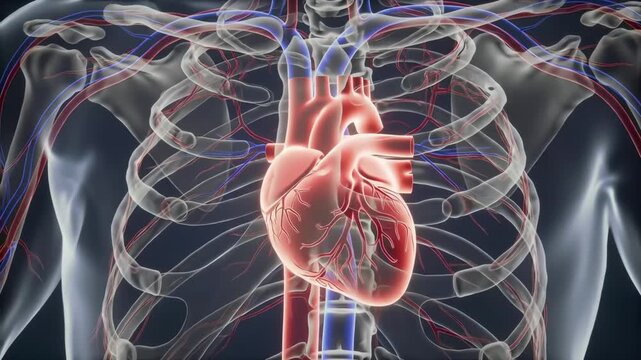 Anatomically correct 3D rendering of the human heart and cardiovascular system within the transparent skeletal rib cage