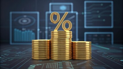 Golden percentage symbol resting on stacks of gold coins representing financial growth and investment success