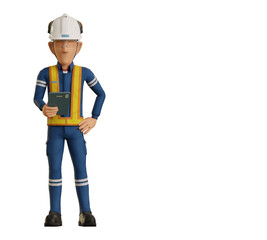 An industrial worker  is operating tablet on transparent background