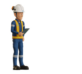 An industrial worker  is operating tablet on transparent background