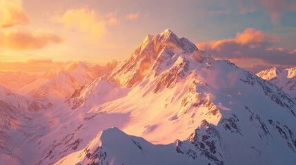 A breathtaking mountain landscape bathed in soft sunset hues, showcasing snow-capped peaks and a serene sky.