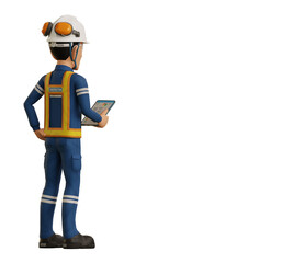 An industrial worker  is operating tablet on transparent background
