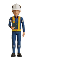 An industrial worker  is operating tablet on transparent background